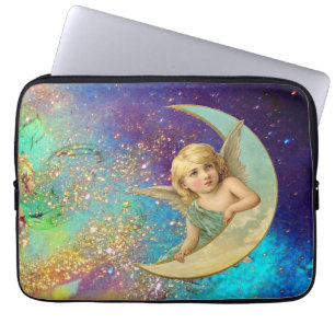 MÅNE ANGEL IN BLUE GULD GULT SPARKLES LAPTOP SLEEVE