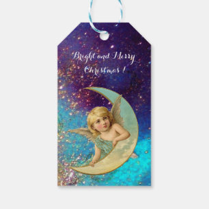 MÅNE ANGEL IN BLUE GULD GULT SPARKLES PRESENTETIKETT