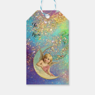 MÅNE ANGEL IN BLUE GULD GULT SPARKLES PRESENTETIKETT