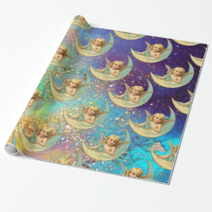 MÅNE ANGEL IN BLUE GULD GULT SPARKLES PRESENTPAPPER
