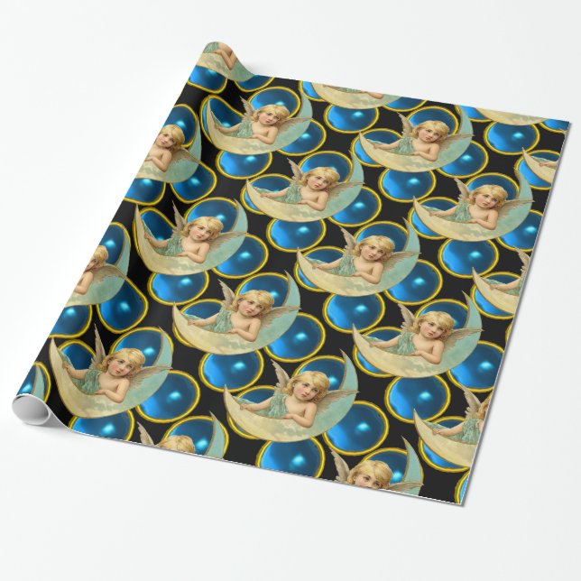 MÅNE ANGEL MED BRIGHT BLUE SAPPHIRE GEM STONES PRESENTPAPPER (Utrullad)