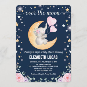 Måne Baby Shower/Girly Elephant Twinkle Star Inbjudningar