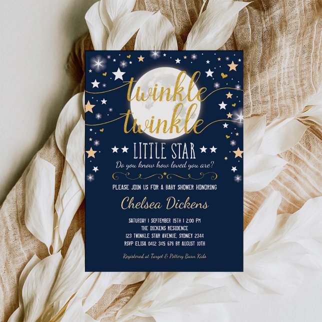 Måne Baby Shower Twinkle Little Star Navy Guld Inbjudningar (Skapare uppladdad)