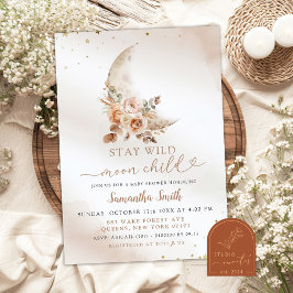 Måne Beige Boho Blommig Flickbabyfirande Inbjudningar