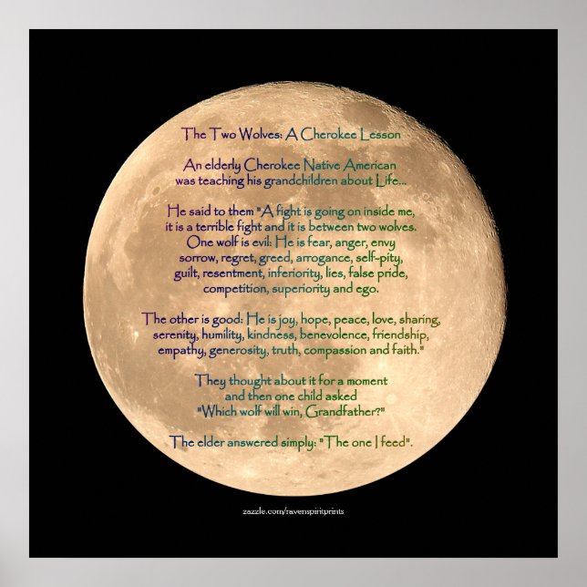 Måne-bild med 2 VARGAR Poster CHEROKEE TALE Art (Framsidan)