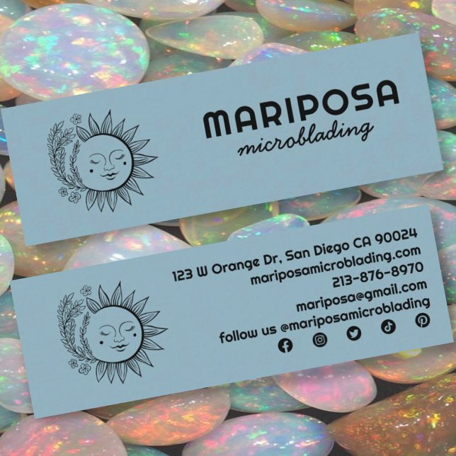 Måne Blommigt Elegant Esthetician Salon Social Ico Mini Visitkort (Custom mini business cards with a sun and floral logo. Change the social icons, fonts, and colors)