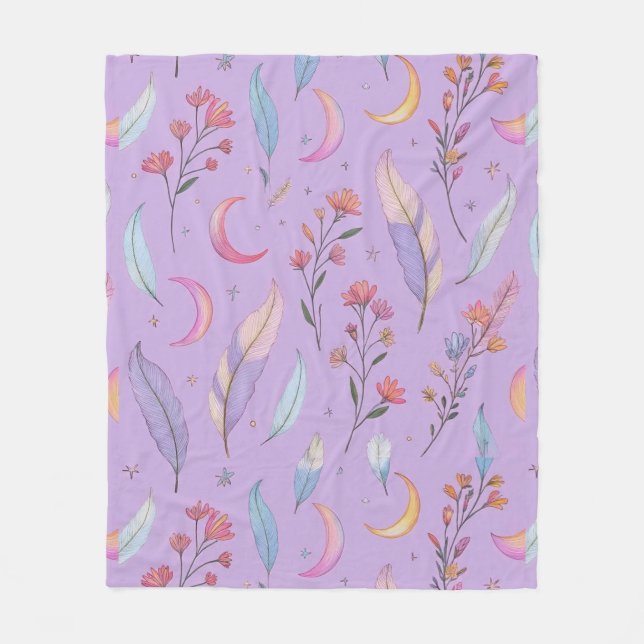 Måne, blommor och fjädrar Pastellns Lila Fleecefilt (Framsidan)
