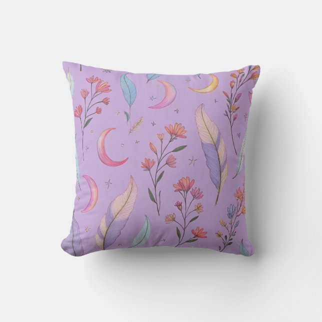 Måne, blommor och fjädrar Pastellns Lila Kudde (Framsida)