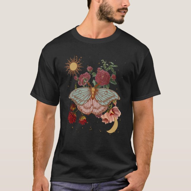 Måne Butterfly Blommigt Mystical Gothic Helig Occu T Shirt (Framsida)