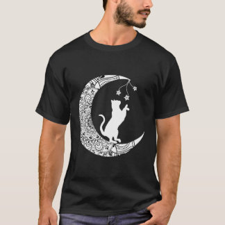 Måne Cat Playful Funny Cat Mandala Crescent Måne W T Shirt