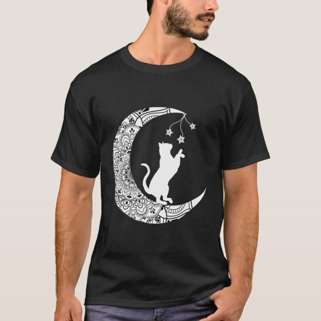 Måne Cat Playful Funny Cat Mandala Crescent Måne W T Shirt (Framsida)
