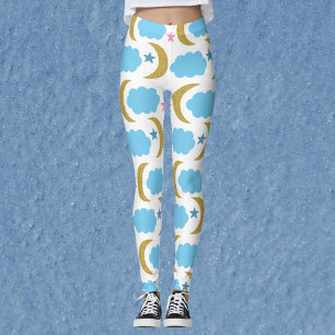 Måne Cloud Stars Faux Guld Glitter Mönster Leggings