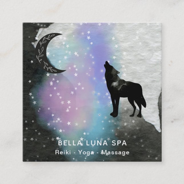*~* Måne Cosmic .  Howling Varg Rainbow Shaman  Fyrkantigt Visitkort (Framsida)