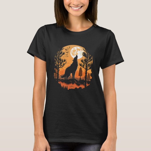 Måne Coyote Howling Full Moon Forest Halloween T Shirt (Framsida)