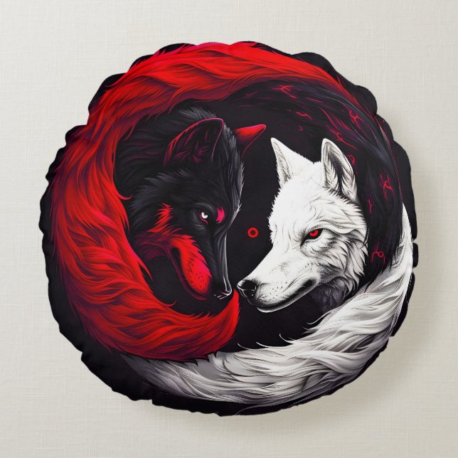 Måne Crimson Red White Varg Rund Kudde (Framsidan)