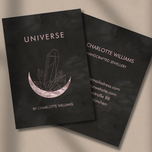Måne Crystal Energy Healer Affärskort Visitkort (Moon Crystal Energy Healer Business Card - Black - Rose-Gold.)