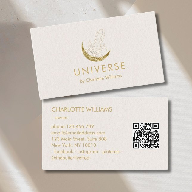 Måne Crystal Energy Healer QR-kod Visitkort (Moon Crystal Energy Healer QR-Code Business Card - Beige Gold)