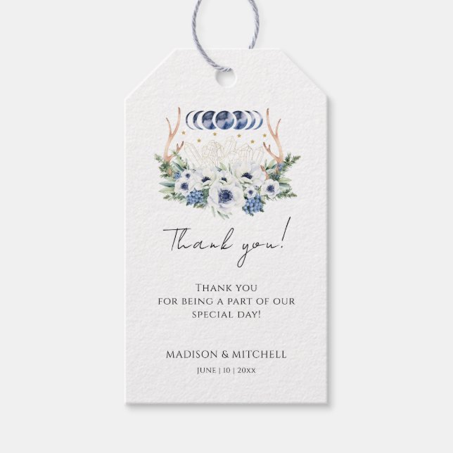 Måne Crystals Flowers Boho Metaphysical Bröllop Presentetikett (Framsidan)