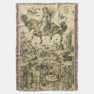 MÅNE DAM Antique Black White Astrology Teckning Filt