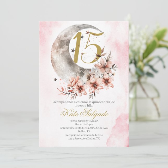 Måne Dusty rosa Quinceanera-inbjudan Inbjudningar (Stående Fram)