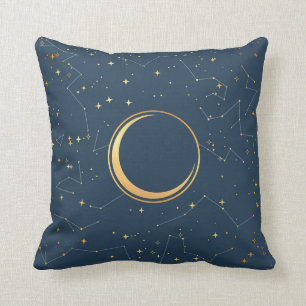 Måne Eclipse Constellellations Navy och Guld Cresc Kudde