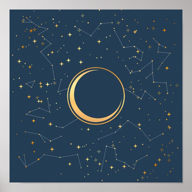 Måne Eclipse Constellellations Navy och Guld Cresc Poster (Framsidan)