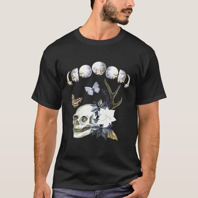 Måne-faser av Måne Blommigt Skullfjärilstam T Shirt (Framsida)