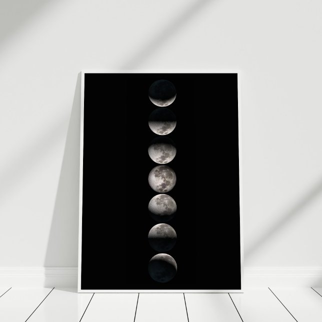 Måne-faser Poster (Black and White Moon Phases Poster in white frame.)