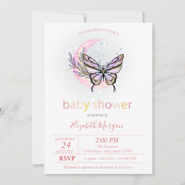 Måne fjäril prickig baby shower inbjudan (Framsida)