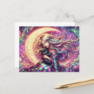 Måne-flicka med blyhaltig katt vykort