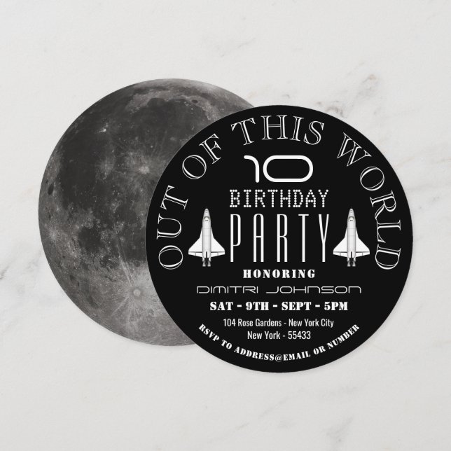 Måne, Födelsedagsfesten för rymdfärder Inbjudningar (Fram/baksida)
