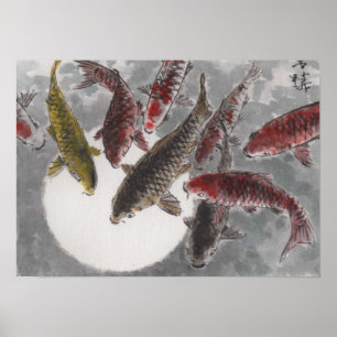 Måne för fisk för vattenfärg 9 KOI för Lin Lis Poster