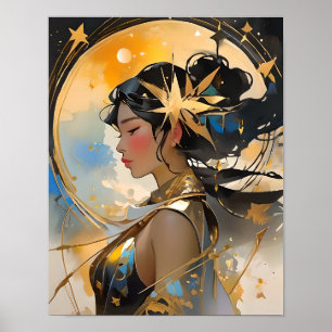Måne Goddess Bevackra Woman Art Celestial Stars Poster