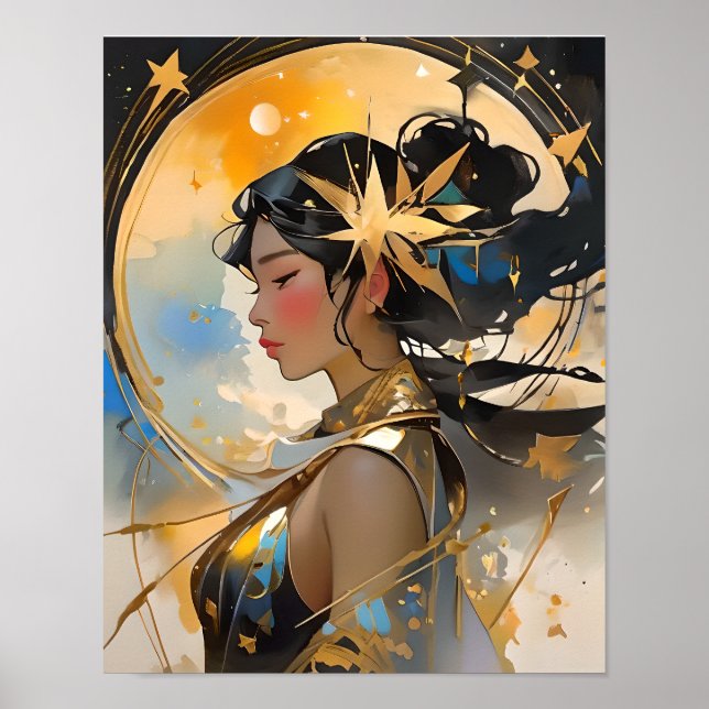Måne Goddess Bevackra Woman Art Celestial Stars Poster (Framsidan)