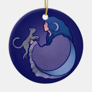Måne Goddess Cat Witch Julgransprydnad Keramik