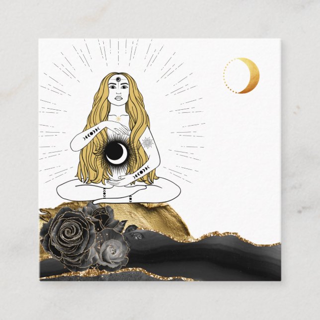 *~* Måne Luna Ro Goddess Black Guld Yoga  Fyrkantigt Visitkort (Framsida)