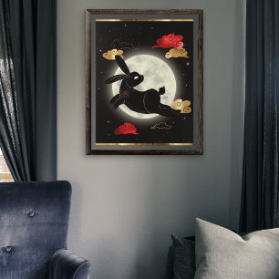 Måne Lunar År Av Kanin Svart Röd Guld Poster