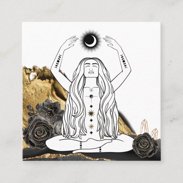 *~* Måne Meditation Luna Ro Goddess Black Guld  Fyrkantigt Visitkort (Framsida)