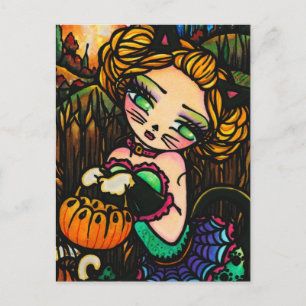 Måne Natt Halloween Kattunge Girl Fantasy Art Vykort