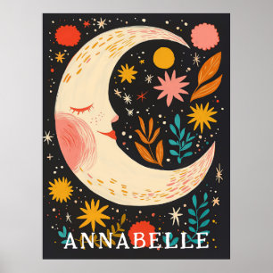 Måne Natt Himmel Boho Blommig Illustration Förnamn Poster