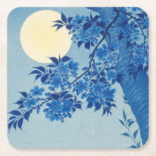 Måne Nattkväll Träd Blue Moonlit Underlägg Papper Kvadrat