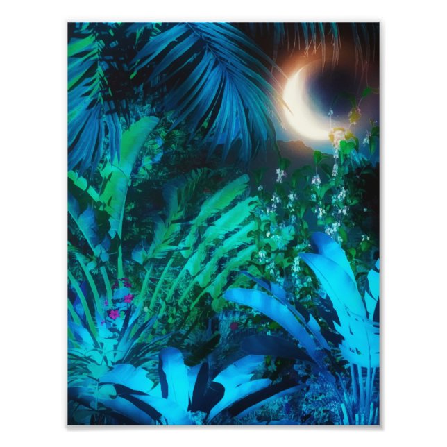 Måne Night Tropical Jungle Löv Silver Blue Fototryck (Framsidan)
