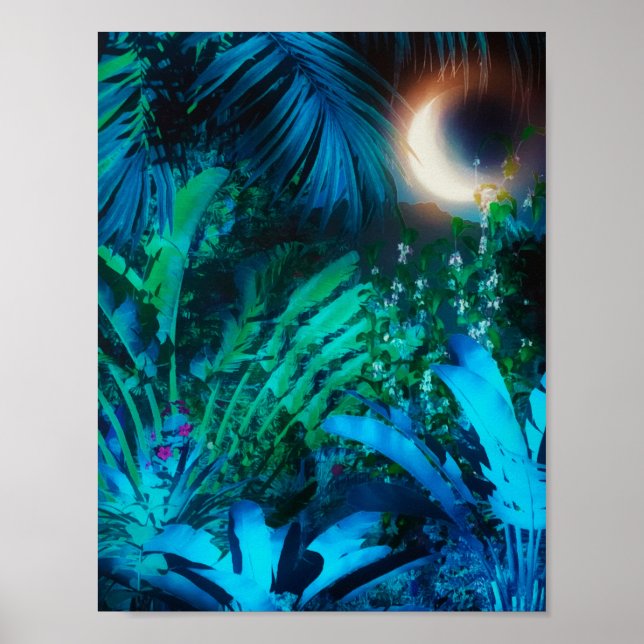 Måne Night Tropical Jungle Löv Silver Blue Poster (Framsidan)