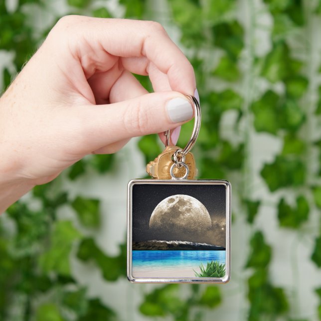 Måne och Beach Fyrkantig Silverfärgad Nyckelring (Hand)