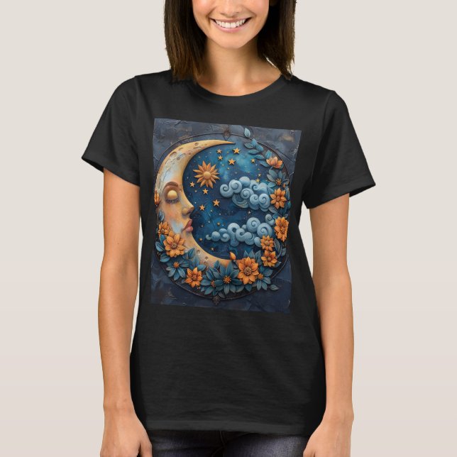 Måne och blommig design grafisk t-shirt (Framsida)