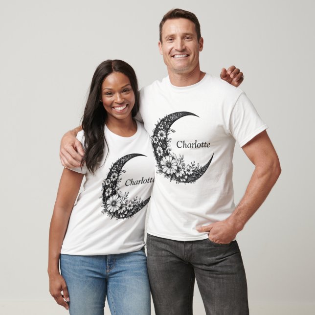 Måne och Blommor konst med Anpassadet Namn T Shirt (Unisex)