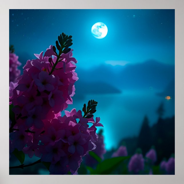 Måne och blommor Nattlandskap Månsken Blommor Poster (Framsidan)