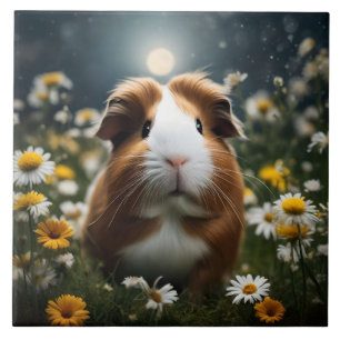 Måne och Daisy i Brun och Vita Guinea Gris Kakelplatta