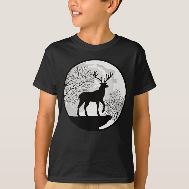 Måne och dovhjort Natt Vildmarkssilhuett T Shirt (Framsida)
