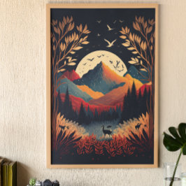 Måne och färgstarka berg med Meadow Ai Art Poster